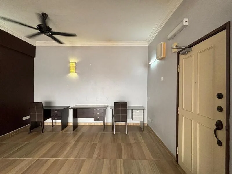 Room features: light brown tiled flooring, grey painted walls, dark brown accent wall, 2 study desks with drawers, 1 white desk, 1 ceiling fan, 1 wall-mounted light fixture, 1 main entrance door; style: modern.