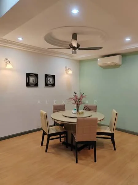 Dining features: round dining table, 4 dining chairs, wooden flooring, green accent wall, recessed ceiling with tray design, ceiling fan with light, 2 wall sconces, air conditioning unit, framed artwork on walls; style: modern.