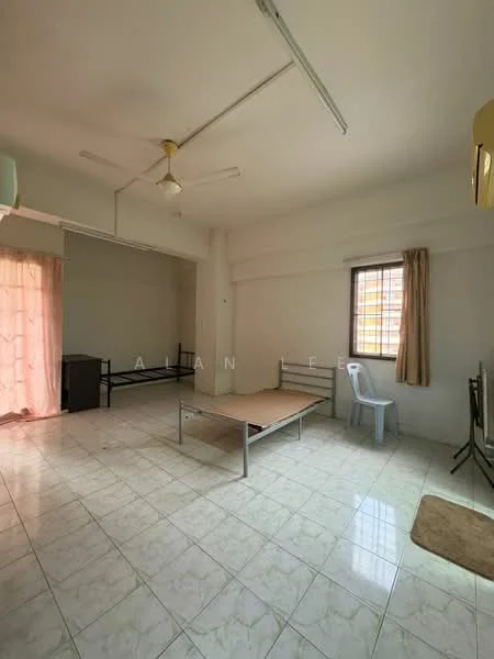 Room features: white painted walls, tile flooring, ceiling fan, window with curtains, single bed frame, plastic chair, small table, light fixture, doorway, natural light from window; style: minimalist.