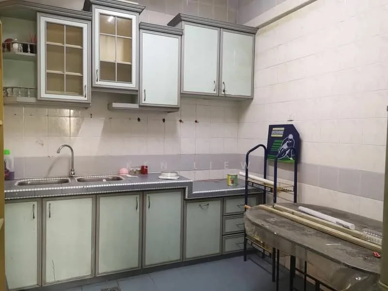 Kitchen features: light green cabinetry with glass-front upper cabinets, stainless-steel sink, chrome faucet, grey countertop, white tiled backsplash, grey tiled flooring, wall-mounted shelves, kitchen cart with wheels, open shelving, under-cabinet lighting; style: modern.