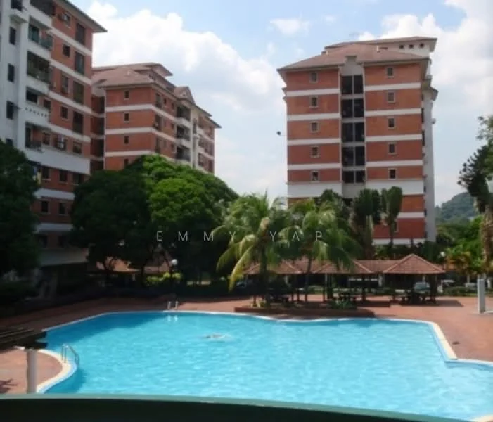 Exterior type: low-rise apartment block; features: swimming pool, pool deck with loungers, landscaped garden, palm trees, gazebo, brick facade, surrounded by greenery; style: modern.