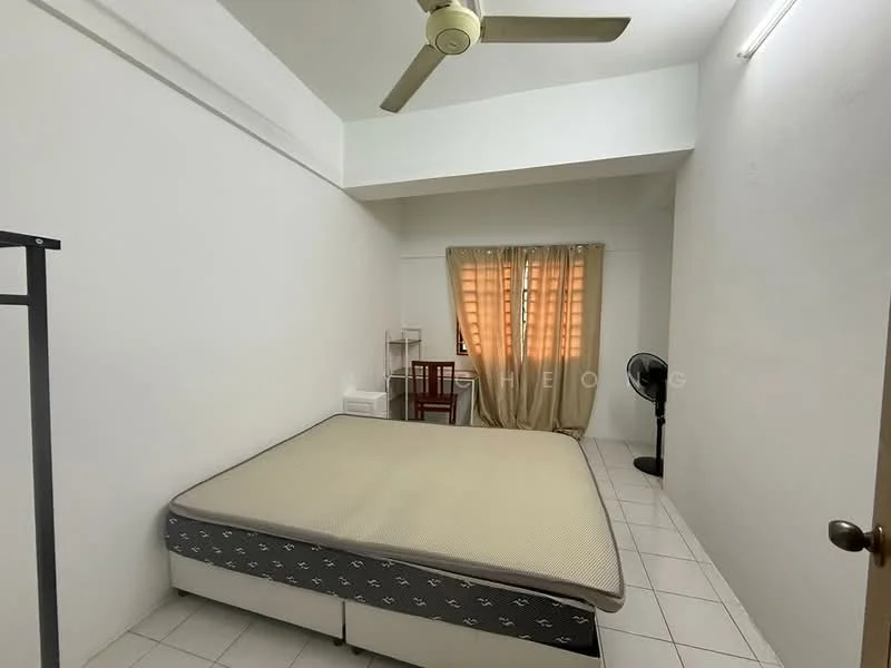 Bedroom features: queen-size bed, ceiling fan, white painted walls, tile flooring, window with sheer curtains, wooden chair, standing fan, built-in wardrobe; style: minimalist.