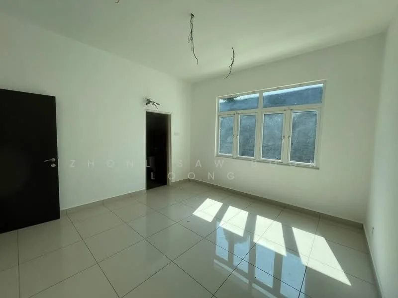 Room features: white painted walls, tile flooring, large windows, natural light, single door, black wardrobe, ceiling with exposed wiring.