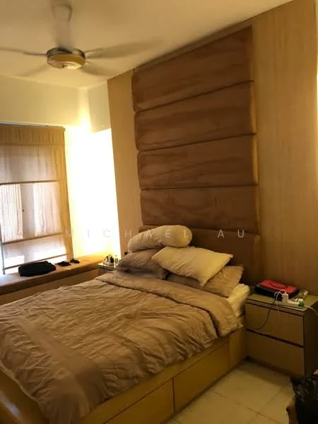 Bedroom features: king-size bed with beige bedding, upholstered headboard with wood paneling, wooden bedside tables, table lamp on bedside table, built-in wardrobe with sliding doors, cream painted walls, ceiling fan, window with roller blinds, decorative wall paneling behind bed, marble flooring; style: modern.