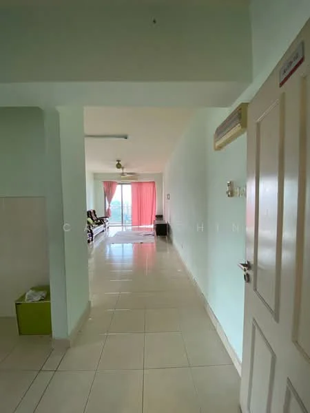 Room features: light green painted walls, white ceiling, ceramic tile flooring, floor-to-ceiling windows, curtains in pink, ceiling fan, door with handle, open layout; style: modern; view: city.