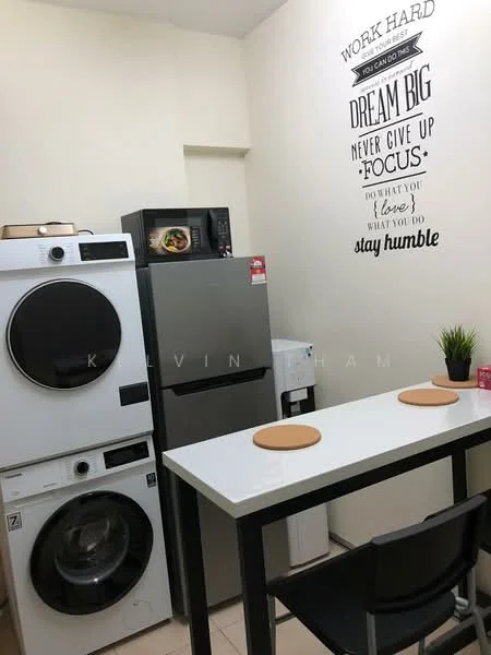 Laundry features: front-load washing machine, tumble dryer, stainless-steel fridge, white table, two round placemats, decorative wall art with motivational quotes, ceramic plant pot with greenery, neutral tiled flooring, white painted walls; style: modern.