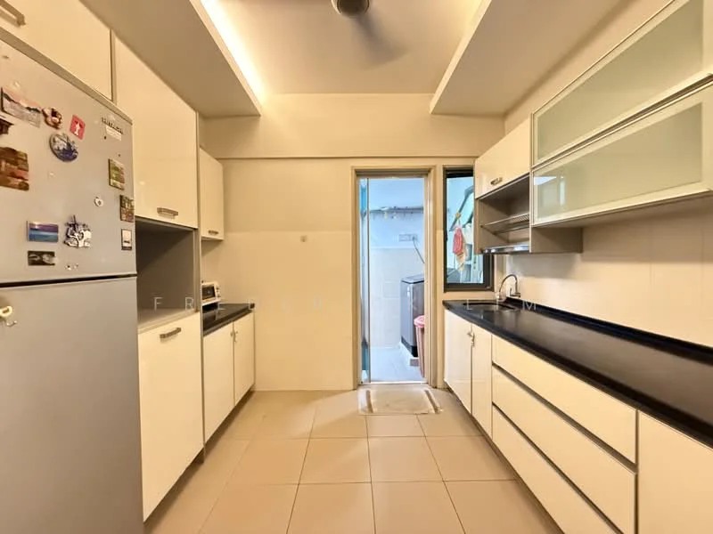 Kitchen features: white cabinetry, black countertop, stainless-steel fridge, built-in oven, freestanding range oven, single-bowl stainless-steel sink, chrome pull-down faucet, tile flooring, recessed downlights, floor-to-ceiling window, sliding glass door, open shelving; style: modern.