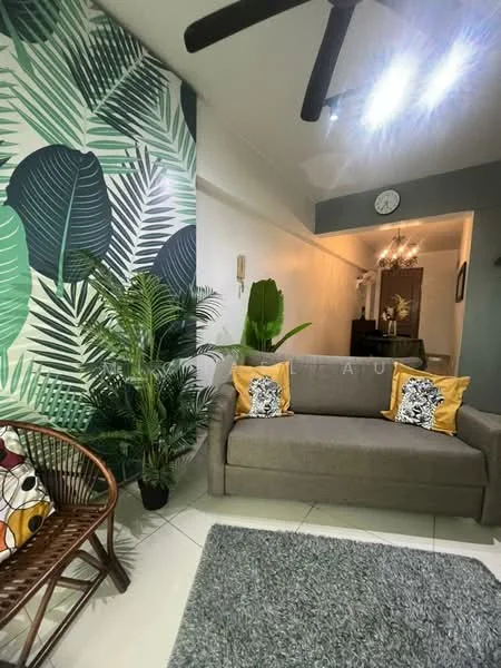 Living features: grey fabric sofa, decorative cushions with black and white patterns, area rug with grey color, wall with tropical leaf wallpaper, potted plant, rattan chair, ceiling fan, recessed LED downlights, wall clock, white painted walls, light-colored tiled flooring; style: modern.