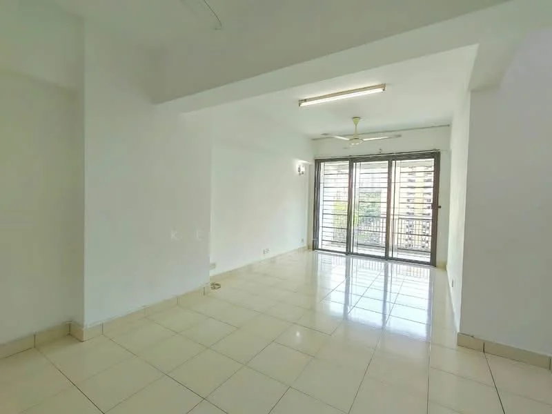 Living features: white painted walls, ceramic tile flooring, 5-blade ceiling fan, sliding glass door, floor-to-ceiling windows, natural light, balcony access, recessed lighting; style: modern; view: garden.