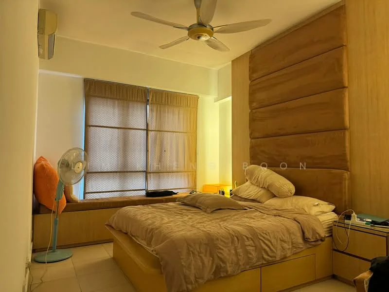 Bedroom features: king-size bed with beige bedding, upholstered headboard, wooden bedside tables, built-in wardrobe with sliding doors, window with sheer curtains, fan with light, cream painted walls, tile flooring, decorative cushions on window seat, wall-mounted air conditioning unit; style: modern.