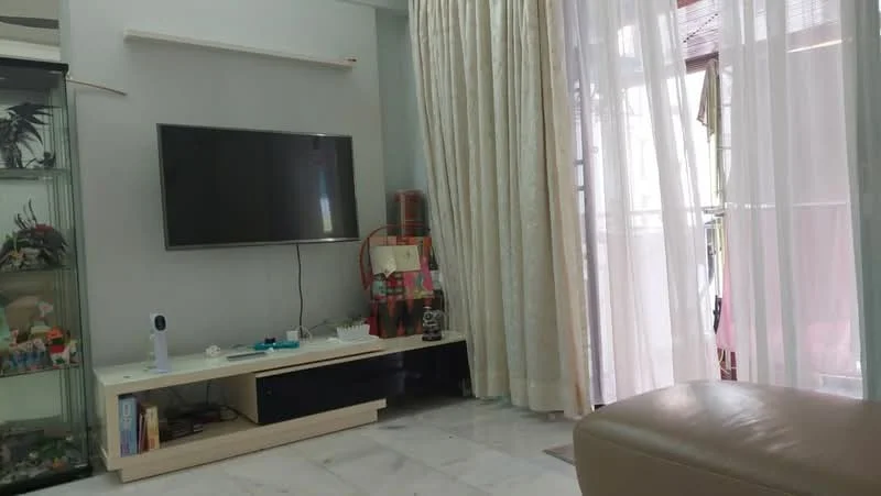 Living features: white painted walls, marble flooring, floor-to-ceiling windows, sheer curtains, TV mounted on wall, white TV console, decorative shelving unit, decorative items on shelves, light-colored sofa, open layout to balcony; style: modern.