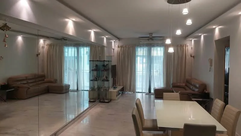 Living features: cream painted walls, marble flooring, 5-blade ceiling fan with light, recessed downlights, floor-to-ceiling windows, sheer curtains, two brown leather sofas, glass display cabinet, dining table with beige chairs, TV console, decorative wall mirror; style: modern.