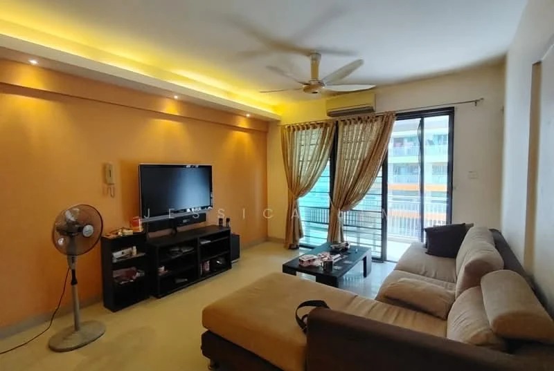 Living features: cream painted walls, sofa in beige, coffee table, TV console, wall-mounted TV, 5-blade ceiling fan with light, recessed downlights, curtains, sliding glass door, balcony view, floor-to-ceiling windows, area rug; style: modern; view: city.