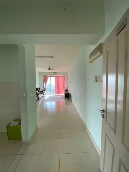 Room features: light green painted walls, white ceiling, ceramic tile flooring, large windows with sheer curtains, ceiling fan, door with handle, open layout, natural light from windows; style: modern; view: city.
