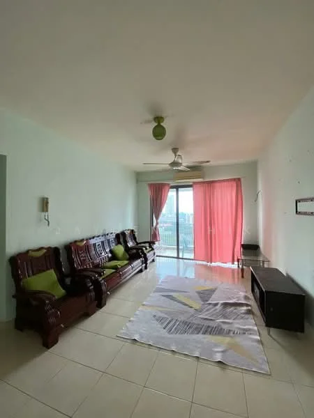 Living features: 3-seater wooden sofa with green cushions, 2-seater wooden sofa with green cushions, ceiling fan with light, floor-to-ceiling sliding glass door, curtains in light pink, tiled flooring, wall-mounted TV console, area rug with geometric pattern, light green painted walls.