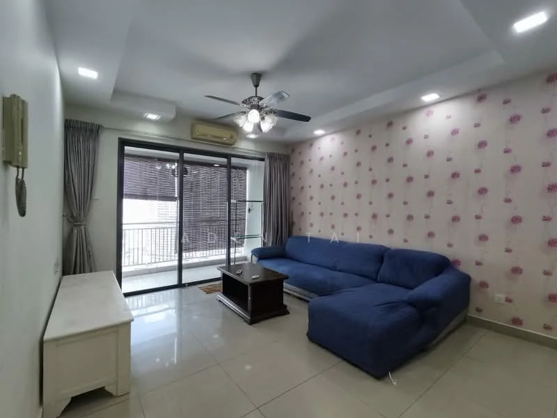 Living features: blue fabric L-shape sectional sofa, coffee table, wall-mounted TV, floor-to-ceiling sliding glass door, sheer curtains, white painted walls with floral wallpaper, recessed downlights, marble tile flooring, ceiling fan with light, air conditioning unit; style: modern; view: city.
