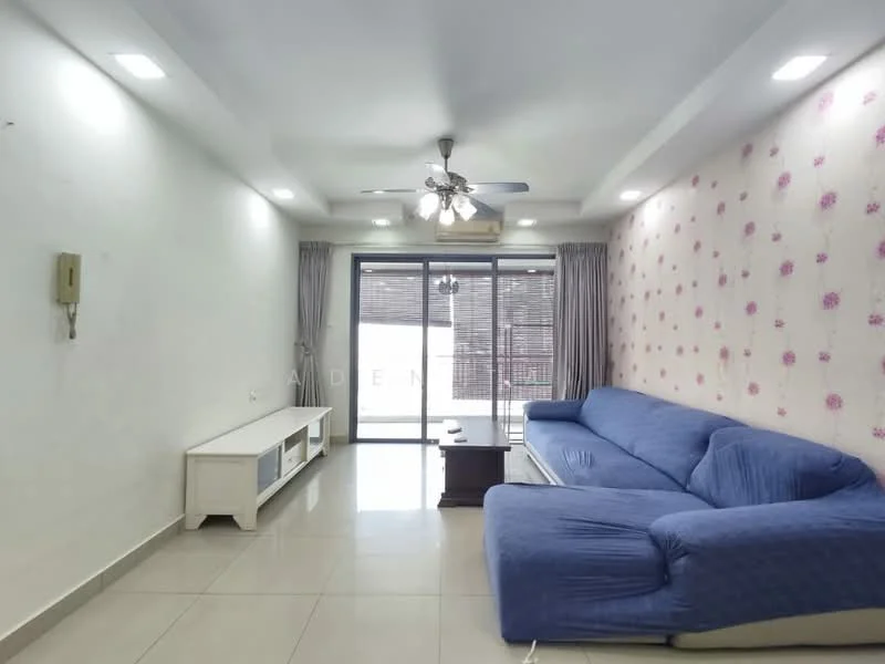 Living features: blue fabric sofa, coffee table, TV console, wall-mounted TV, white painted walls, floral wallpaper accent wall, sliding glass door, floor-to-ceiling windows, curtains, ceiling fan with light, recessed downlights, glossy tile flooring; style: contemporary.