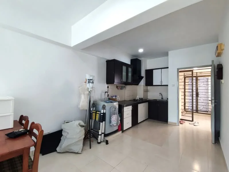 Kitchen features: white painted walls, cream tiled flooring, black cabinetry, white upper cabinets, stainless-steel sink, chrome pull-down faucet, built-in stove, exhaust hood, refrigerator, washing machine, dining table with chairs, open shelving, laundry basket, clothes rack; style: modern.