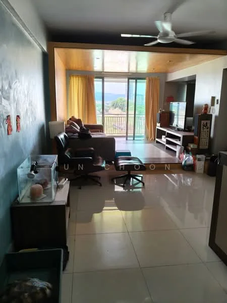 Living features: floor-to-ceiling windows, sliding glass door, curtains in yellow, 3-seater fabric sofa in dark color, 2 leather armchairs, TV console, wall-mounted TV, coffee table, ceiling fan, polished tile flooring, decorative wall art, open layout to balcony, view of outdoor landscape; style: modern; view: garden. Room features: fish tank, storage box.