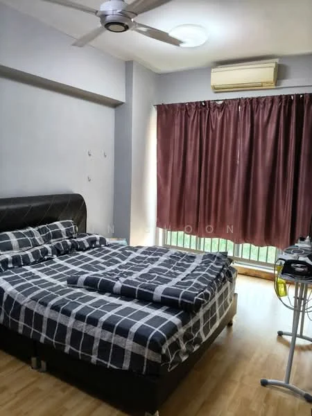 Bedroom features: queen-size bed with black leather headboard, plaid patterned bedding in black and white, wooden flooring, 5-blade ceiling fan, wall-mounted air conditioning unit, floor-to-ceiling window with sheer curtains, dark red curtains, study desk with chair; style: modern; view: garden.