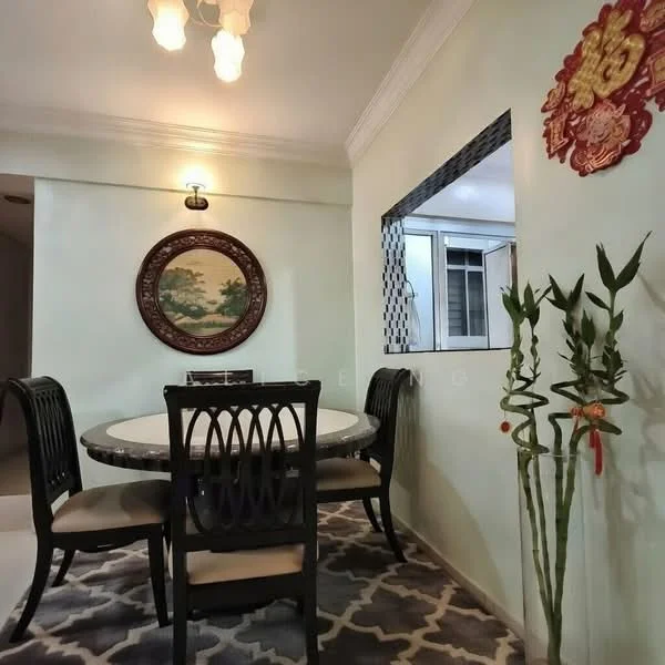 Dining features: round dining table, 4 upholstered dining chairs, decorative wall art, green wall, ceiling light fixture with multiple bulbs, window with grid pattern, bamboo plant in pot, area rug with geometric pattern; style: modern.