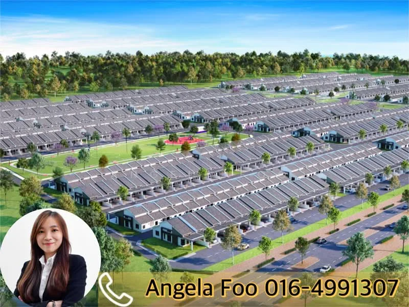 Exterior type: linked terrace house; features: manicured lawns, mature trees, paved roads, row of linked terrace houses, front yards, driveways, surrounding greenery, urban residential layout; style: modern.