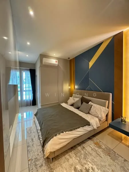 Bedroom features: king-size bed with upholstered headboard, grey bedding, decorative pillows, nightstand with lamp, wall-mounted air conditioning unit, floor-to-ceiling windows with sheer curtains, sliding glass door to balcony, accent wall with geometric design in blue and gold, recessed downlights, polished tile flooring, area rug with geometric pattern; style: modern; view: city.