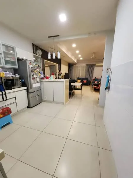 Kitchen features: white cabinetry with glass upper cabinets, stainless-steel fridge, built-in oven, 4-burner gas hob, white quartz countertop, pendant lighting, ceramic tile flooring, open layout to living area, kitchen island with seating, wall-mounted clock; style: modern. Living features: sofa in blue and orange, coffee table, TV console, area rug, curtains, ceiling fan, recessed lighting; style: modern.