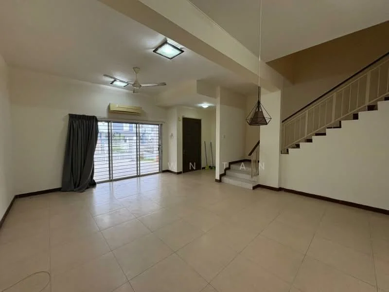 Living features: cream painted walls, tile flooring, 5-blade ceiling fan with light, sliding glass door, curtains, wall-mounted air conditioning unit, staircase with wooden railing, recessed ceiling lights, decorative pendant light; style: modern; view: garden.