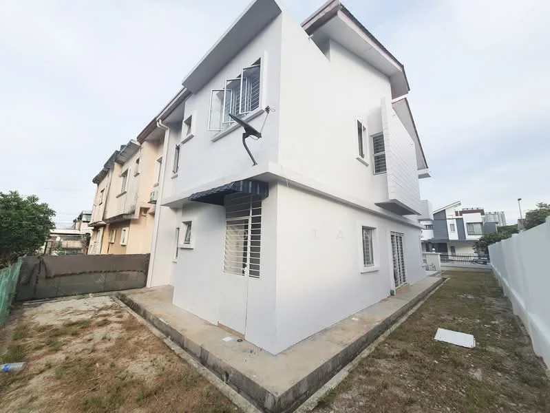 Exterior type: semi-detached house; features: white painted facade, two-storey structure, flat roof, windows with security bars, concrete pathway, grass lawn, surrounding fence, side yard, corner lot; style: modern.