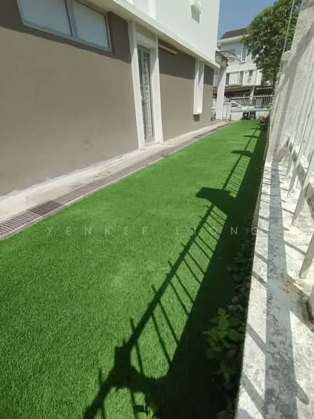 Exterior features: artificial grass lawn, concrete pathway, white fence, grey painted wall, side access, sunlight exposure; style: modern.