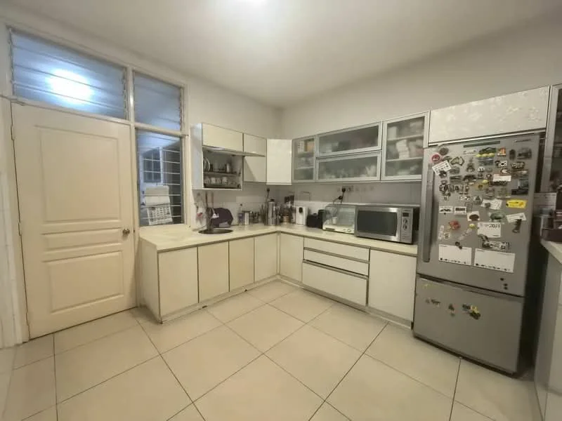 Kitchen features: white cabinetry with glass-front upper cabinets, stainless-steel refrigerator, built-in microwave, countertop with integrated sink, ceramic tile flooring, neutral wall color, multiple kitchen appliances, window for natural light, door leading to another room; style: modern.