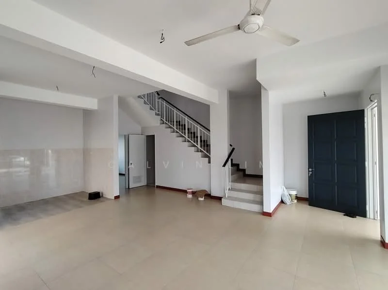 Living features: cream tiled flooring, white painted walls, 5-blade ceiling fan, staircase with white railing, large windows, door leading outside, open layout, no visible furniture; style: modern. Kitchen features: cream tiled flooring, white painted walls, kitchen area with backsplash, no visible appliances, open layout to living area; style: modern.
