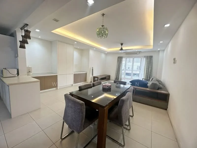 Dining features: 6-seater dining table, upholstered dining chairs, pendant light, recessed downlights, white walls, cream cabinetry, open kitchen layout, floor-to-ceiling windows, sliding glass door, sofa in grey fabric, coffee table, TV console, area rug; style: modern. Kitchen features: white cabinetry, countertop with integrated sink, built-in appliances, ceramic tile flooring; style: modern. Living features: sofa in grey fabric, coffee table, TV console, recessed downlights, floor-to-ceiling windows, curtains; style: modern.
