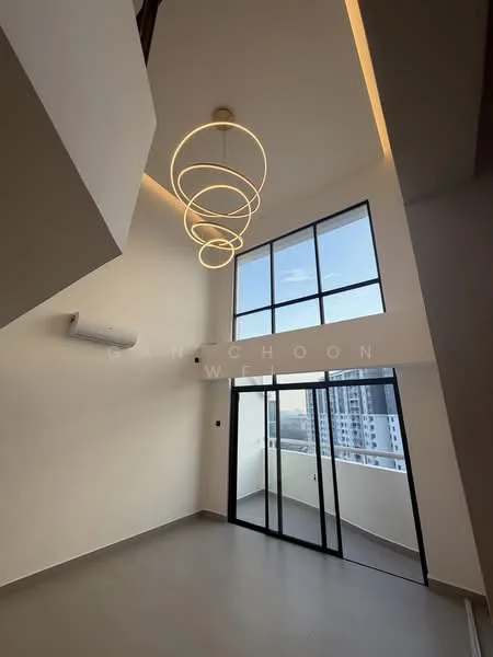 Room features: large floor-to-ceiling windows, sliding glass door, modern pendant light fixture, smooth white walls, grey flooring, high ceiling, balcony access, air conditioning unit; style: modern; view: city.