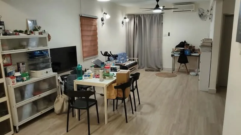 Living features: laminate flooring, white painted walls, 5-blade ceiling fan with light, wall-mounted split AC, large window with sheer curtains, curtains, dining table with chairs, television on stand, exercise bike, sofa, decorative plants, storage shelves, area rug; style: modern.