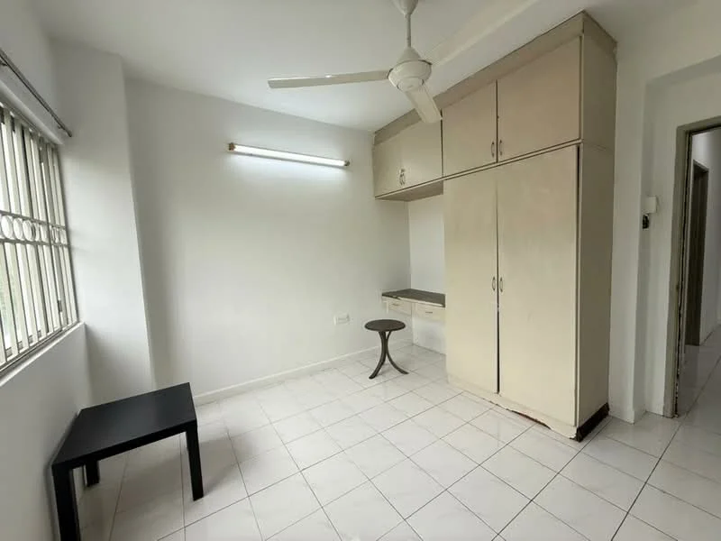 Room features: white painted walls, white ceiling, ceiling fan, built-in wardrobe with sliding doors, desk with chair, black side table, tile flooring, window with metal grille; style: minimalist.