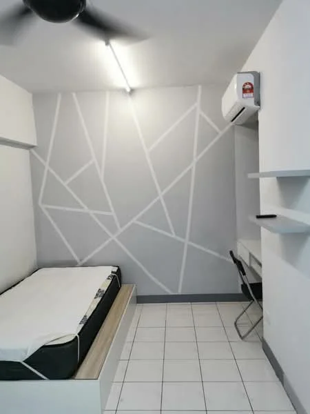 Bedroom features: single bed with mattress, white painted walls with geometric accent wall, white ceiling, LED strip lighting, wall-mounted air conditioning unit, tile flooring, study desk, folding chair, built-in shelf; style: modern.