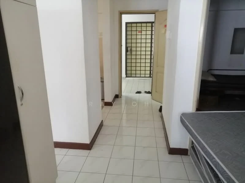 Room features: white painted walls, tile flooring, doorway leading to another room, door with security grille, light switch, baseboards, neutral colour scheme, empty space.