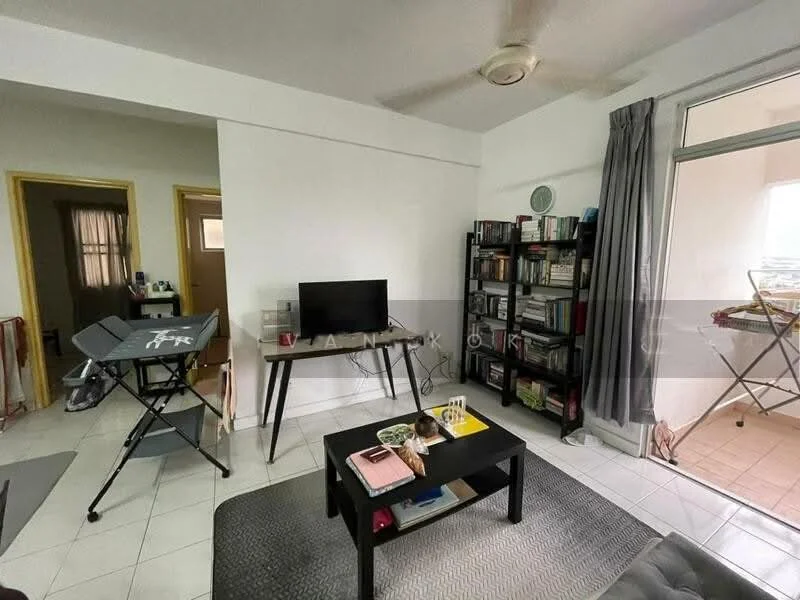 Living features: white painted walls, ceramic tile flooring, 5-blade ceiling fan, wall-mounted TV, black coffee table, grey area rug, bookshelf with multiple shelves, folding table, sliding glass door, curtains, dining chair, laundry drying rack; style: modern; view: city.