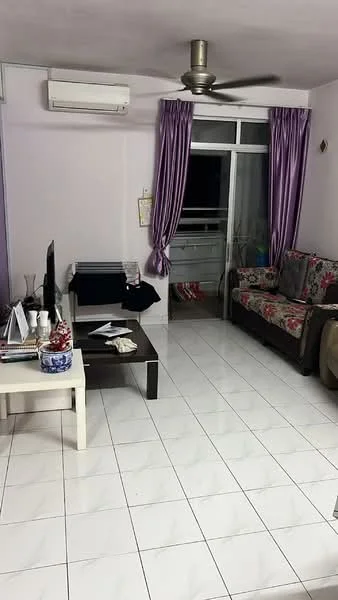 Living features: white painted walls, glossy white tile flooring, 5-blade ceiling fan with light, wall-mounted split AC, sofa with floral upholstery, coffee table, TV console, wall-mounted TV, curtains in purple, decorative items on table; style: modern.