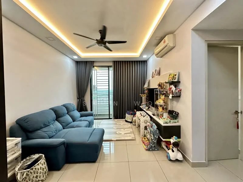 Living features: 3-seater fabric sofa in blue, area rug with geometric pattern, floor-to-ceiling windows, grey curtains, recessed LED downlights, ceiling fan, wall-mounted air conditioning unit, shelves with decorative items, toy storage unit, white painted walls, glossy tile flooring; style: modern; view: city.