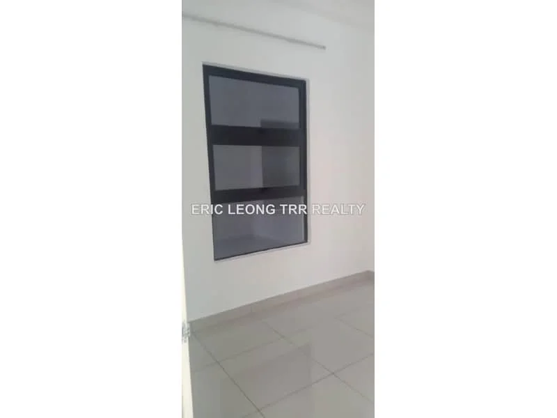 Room features: white painted walls, grey tiled flooring, large window with black frame, natural light from window; style: modern.