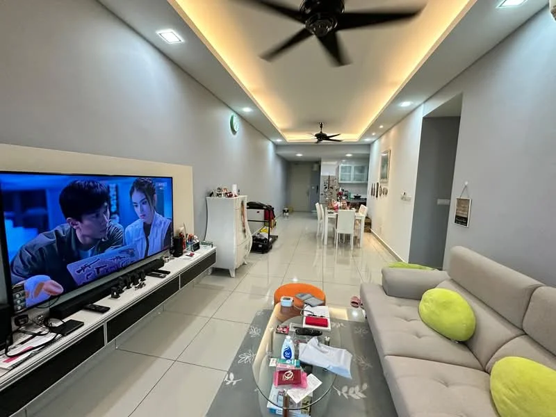 Living features: grey painted walls, glossy tile flooring, 5-blade ceiling fan with light, recessed LED downlights, wall-mounted TV, TV console, coffee table, 3-seater fabric sofa in light green, decorative area rug, decorative wall clock, open dining area visible in background; style: modern.