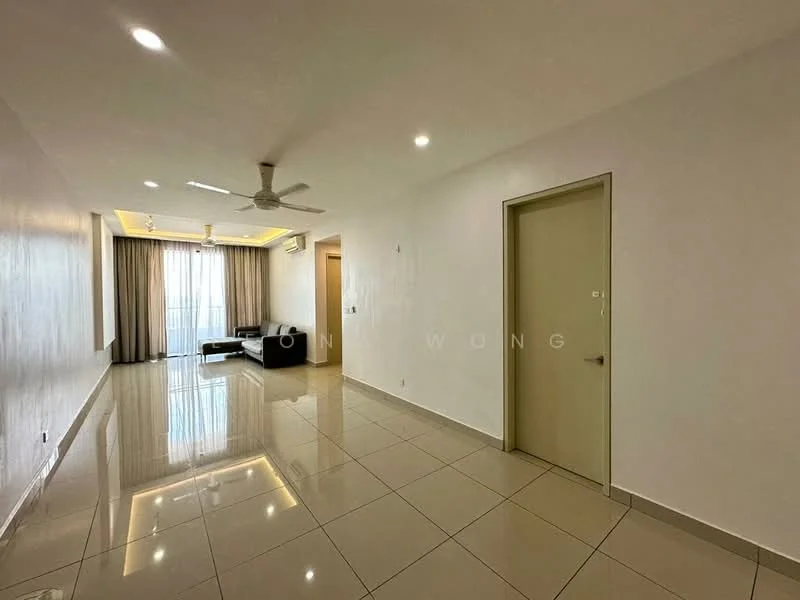 Living features: white painted walls, glossy ceramic tile flooring, recessed downlights, 5-blade ceiling fan, floor-to-ceiling windows, curtains, black leather sofa, coffee table, TV console, decorative wall, neutral color scheme; style: modern; view: city.