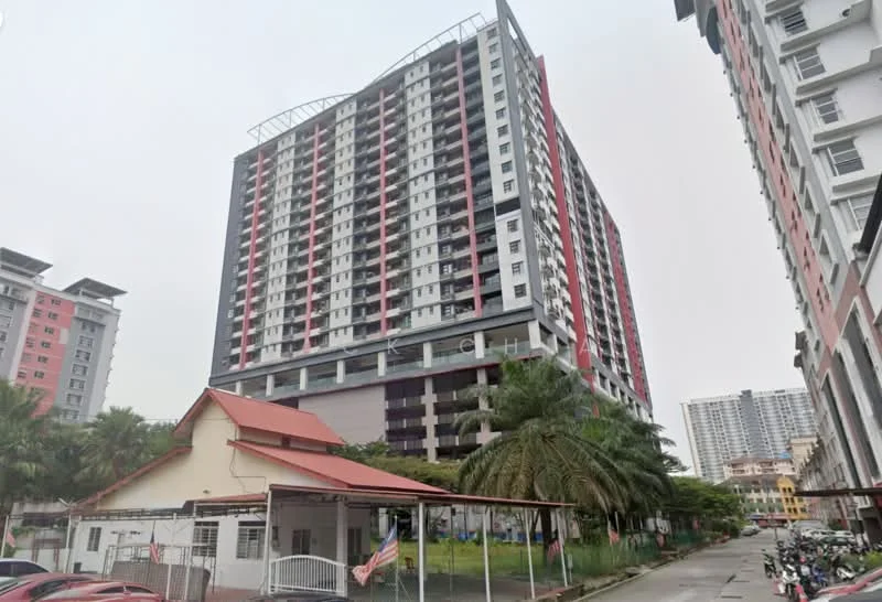 Exterior type: high-rise condominium; features: glass curtain wall, red and white painted facade, flat roof, approximately 20-storey high-rise, surrounded by mature greenery, palm trees, manicured lawn, open-air parking lot; style: modern.