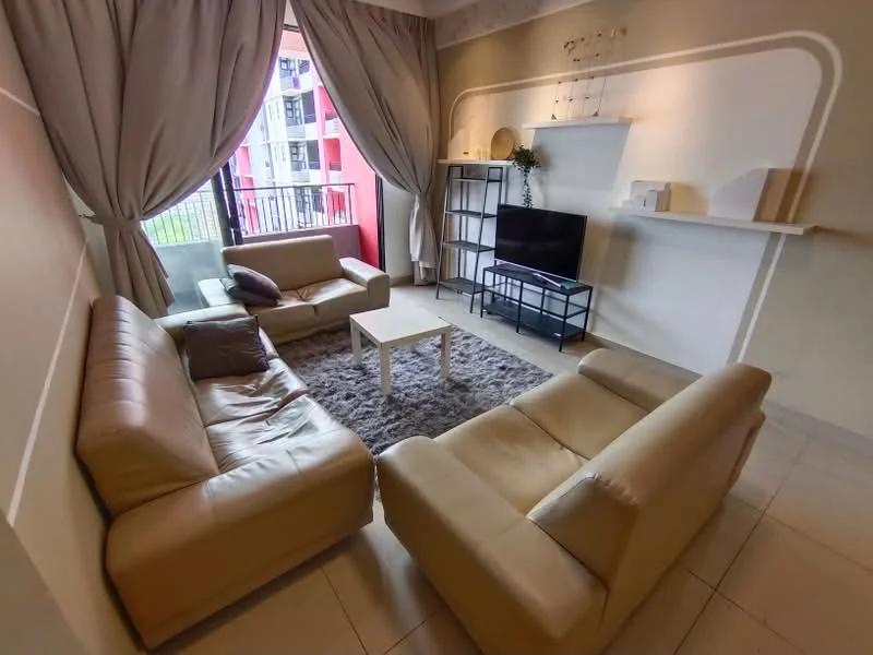 Living features: beige leather 3-seater sofa, beige leather 2-seater sofa, white coffee table, grey area rug, black metal TV stand, wall-mounted TV, shelf above TV, floor-to-ceiling windows, curtains, light grey painted walls, tile flooring; style: modern.