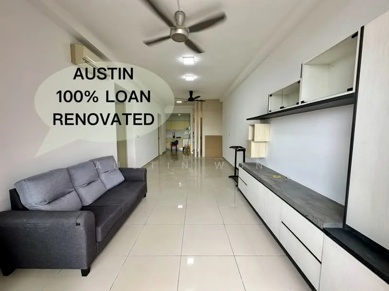 Living features: 3-seater fabric sofa in grey, wall-mounted TV console in light wood, black countertop on TV console, white painted walls, glossy tile flooring, ceiling fan, recessed ceiling lights, air conditioning unit, open layout to adjacent room; style: modern.