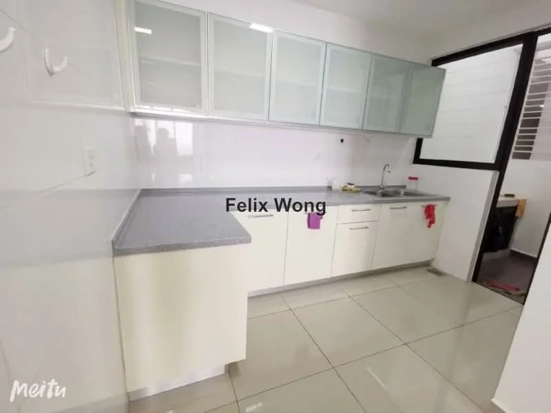 Kitchen features: grey granite countertop, white shaker cabinets, stainless-steel sink, chrome pull-down faucet, glass-front upper cabinets, white tiled walls, ceramic tile flooring, built-in appliances, open layout, window for natural light; style: modern.