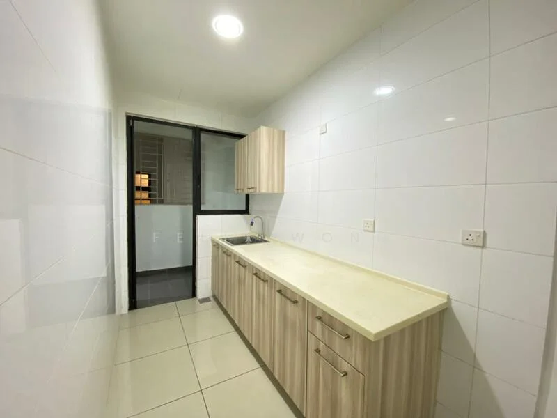 Kitchen features: white tiled walls, light-colored cabinetry, laminate countertop, single-bowl stainless-steel sink, chrome pull-down faucet, floor tiles, window with black frame, built-in cabinets, under-cabinet lighting; style: modern.